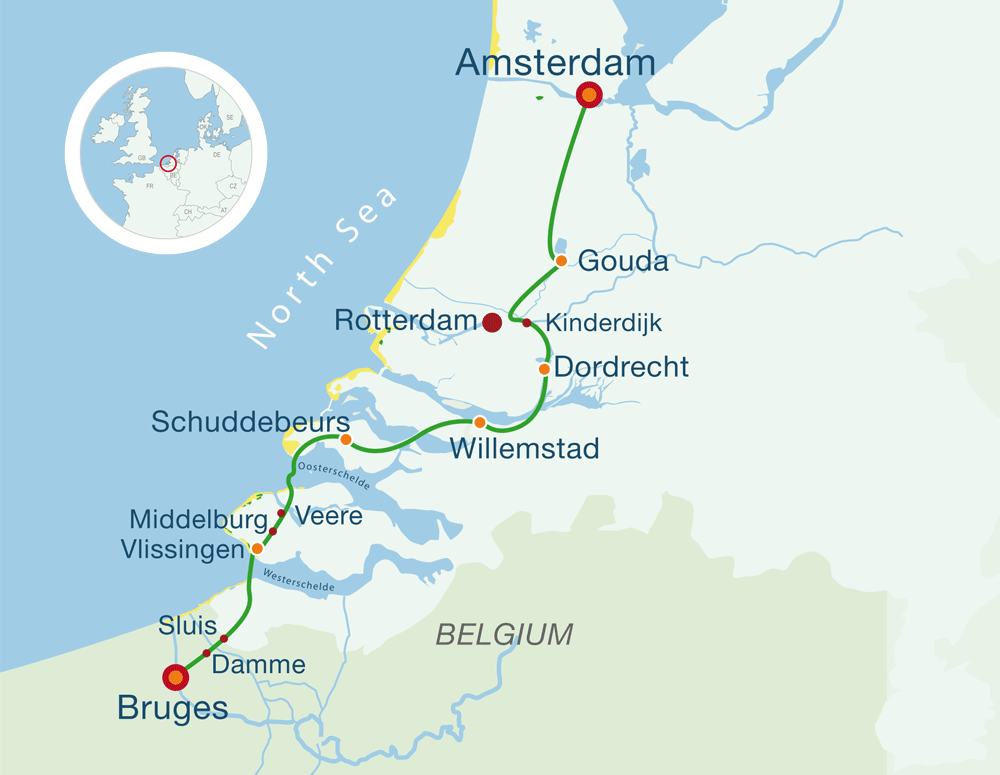 Map bike holiday Amsterdam Bruges