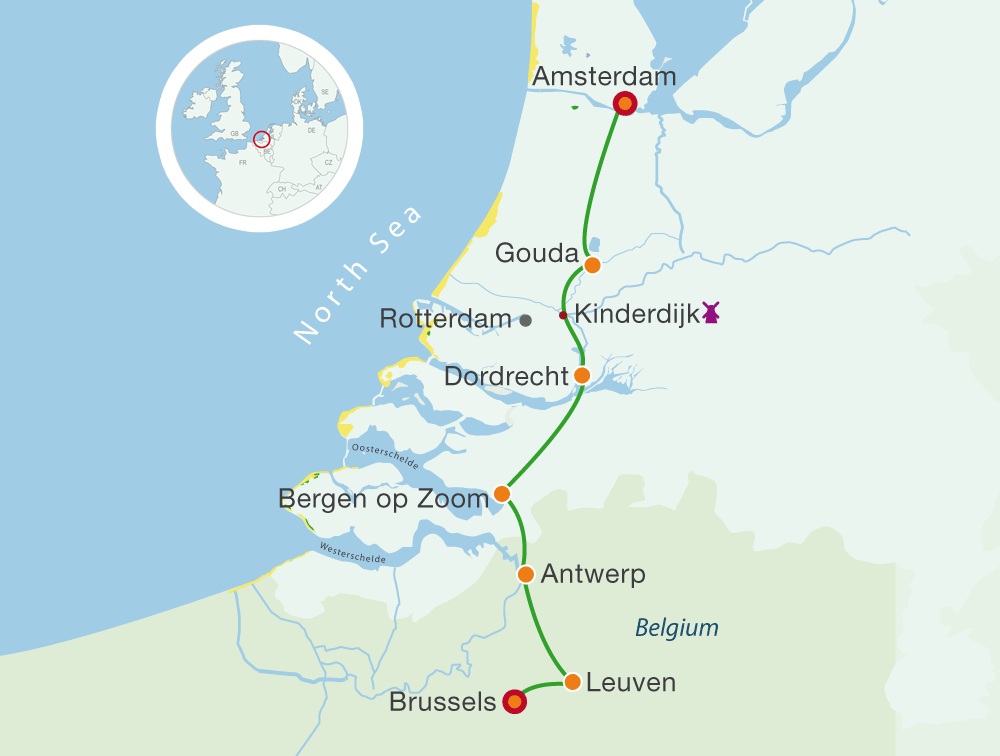 Map Cycling Holidays Amsterdam – Brussels