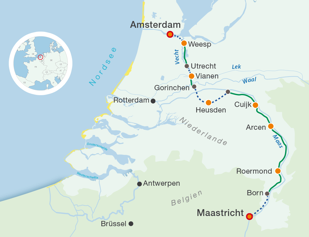 Map amsterdam - Maastricht cycling holidays