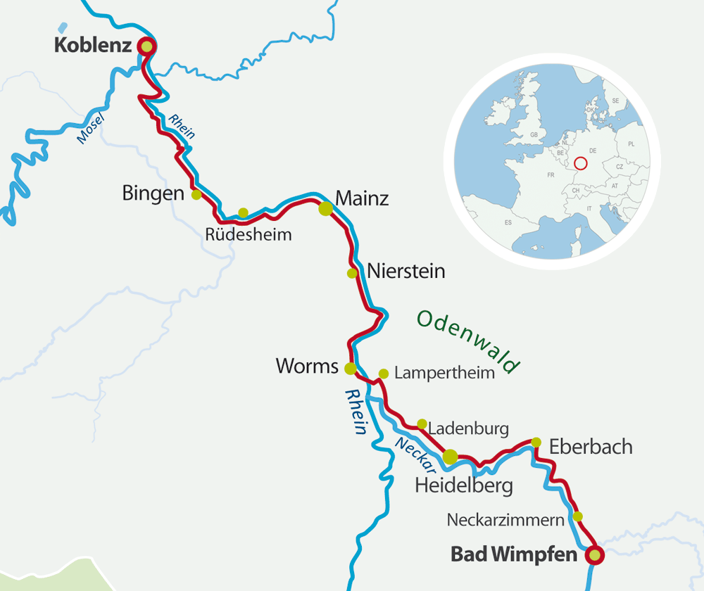 Map germany cycling tour rhine and neckar