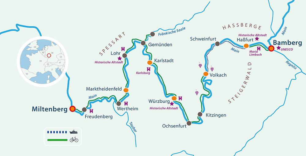 Map boat bike tour  Bamberg - Miltenberg