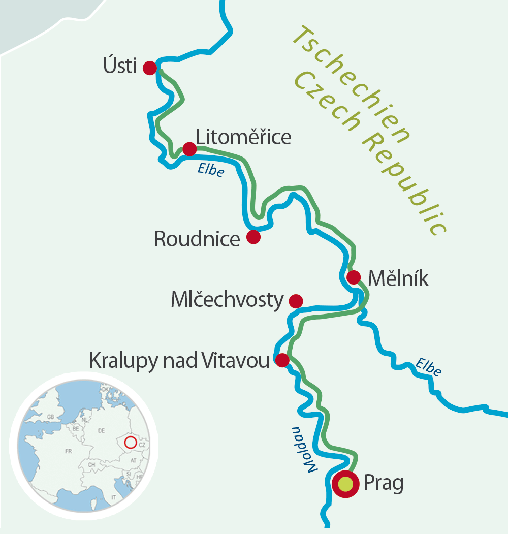 Map with Bike and Barge from/to Prague