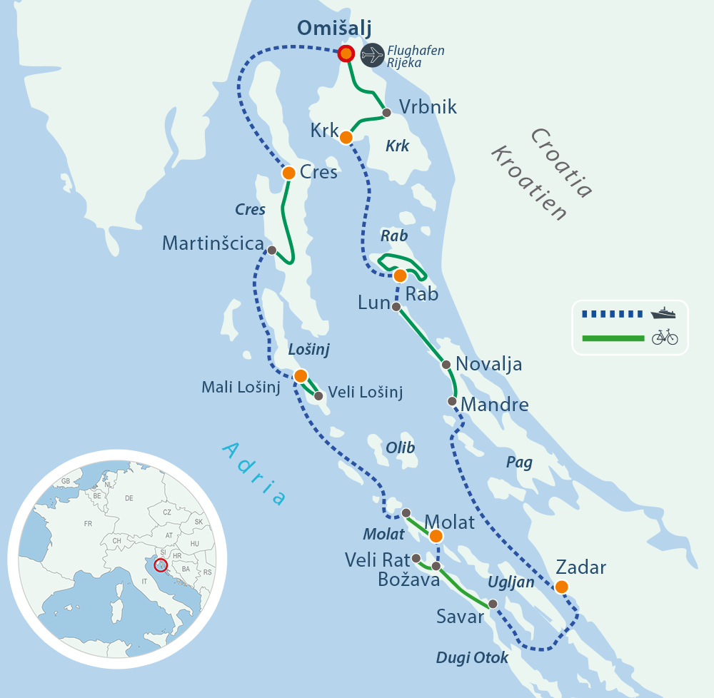 Map boat bike tours kvarner Bay