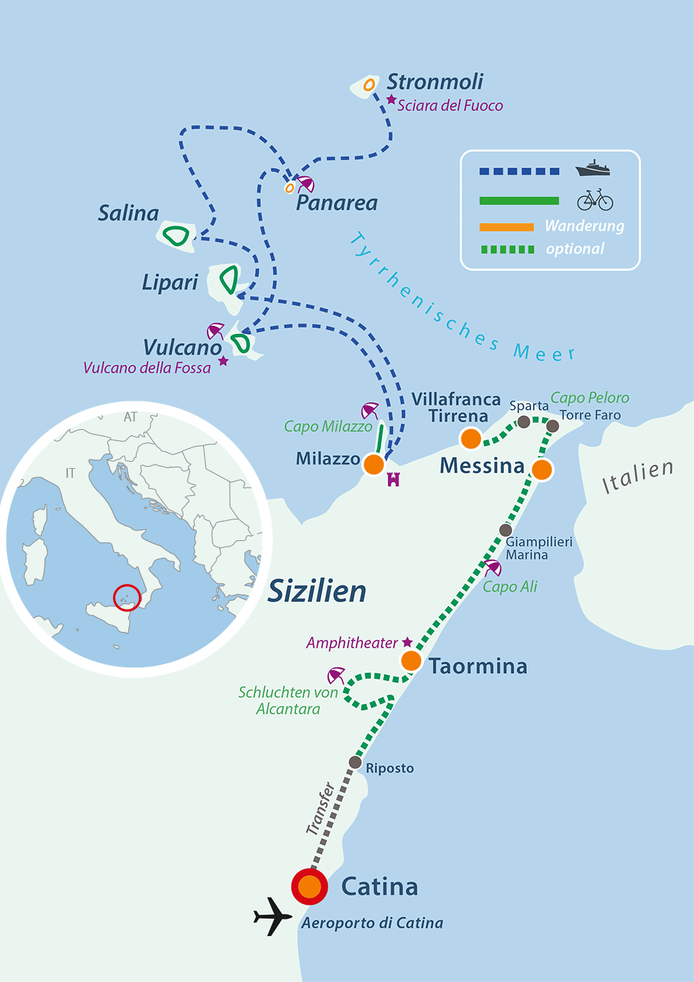 Map boat bike tours sicily + Aeolian Islands